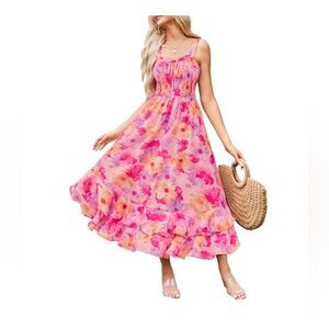 NWT Grace Karin Pink Floral Maxi Dress Smocked Waist Tie Front Size Large